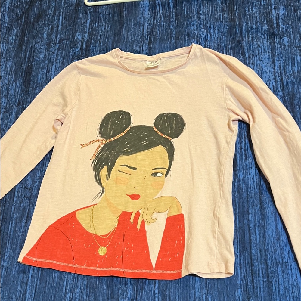 Zara Pink Long Sleeve Shirt with Graphic Design